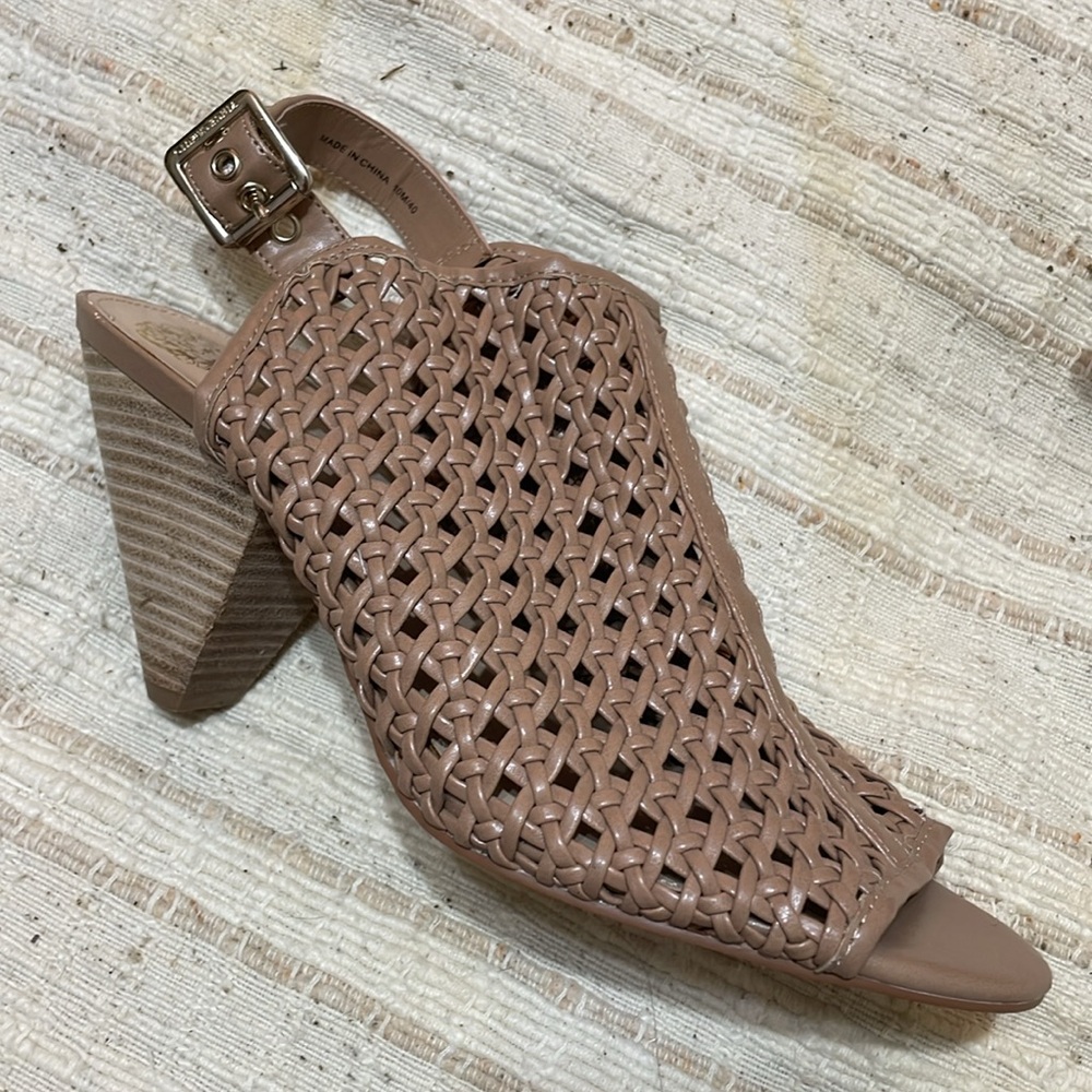 Vince Camuto fisherman woven slingback peep toe with architectural heel